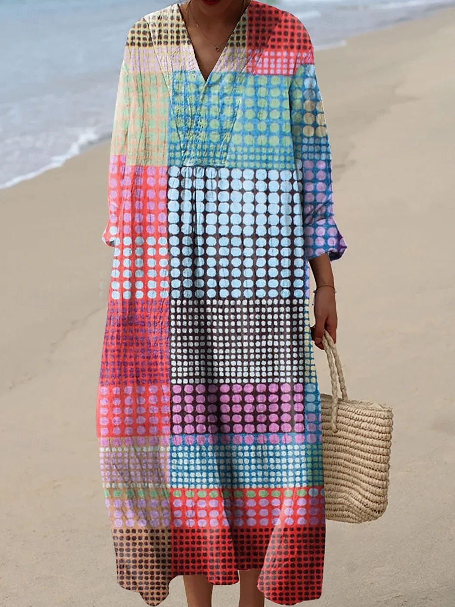 Per donna Abito Midi Vestito Estivo Abito a trapezio Vacanza Casual Boho Feste Spiaggia Vestibilità comoda Grafico Geometrico Plaid Manica Lunga Scollo a V Giallo Rosa Arancione Verde Estate del 2025 a $35.99 –P2