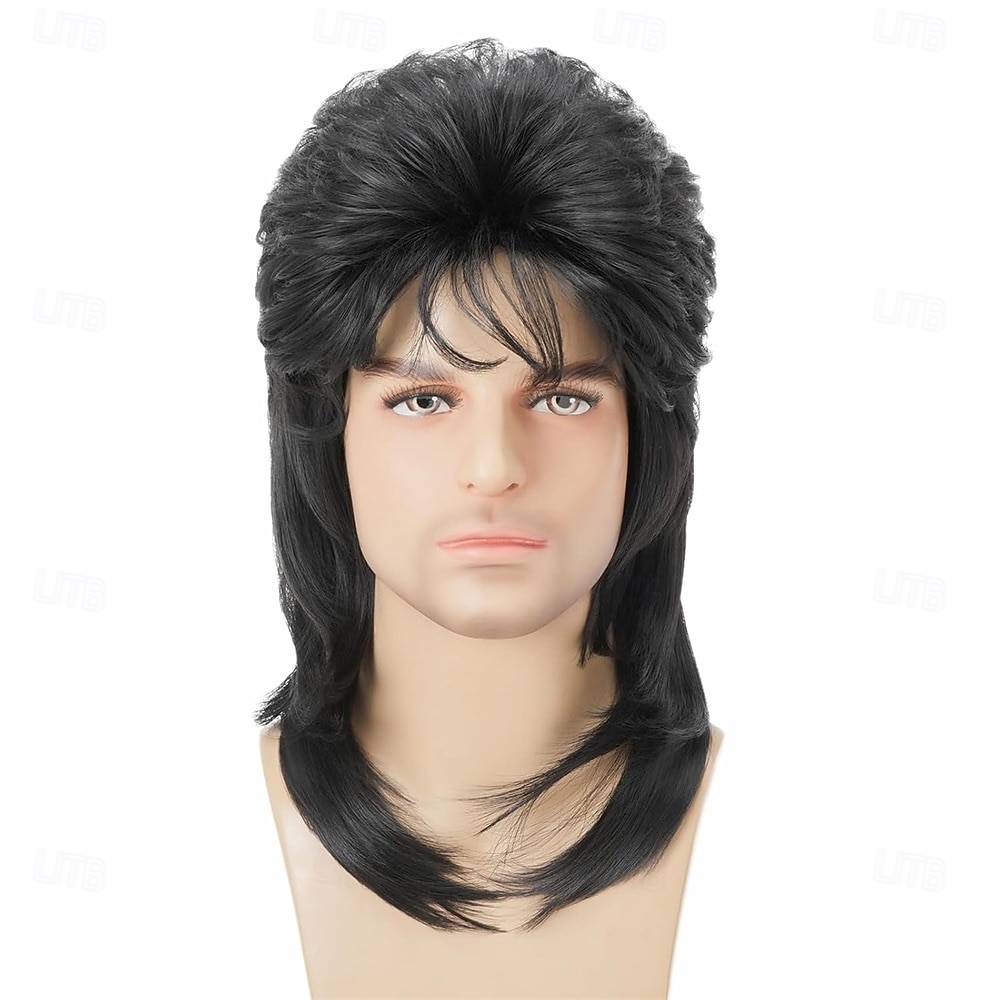 Mullet-peruukki musta 80-luvun miesten peruukki punk rocker hiukset juhlat päivittäin halloween-asut pitkät peruukit 2026 - $21.99 –P3