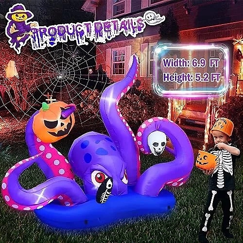 gonfiabile gigante a forma di polpo di Halloween con zucca e teschio, decorazione per esterni a LED del 2025 a $155.99 –P7