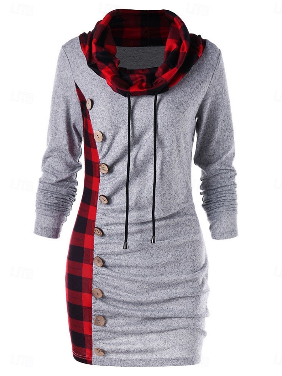 Rochie cu glugă pentru femei rochie midi rochie tip shift casual vacanță ieșire regular fit tartan mânecă lungă guler înalt negru gri primăvară toamnă iarnă 2025 - $21.99 –P1