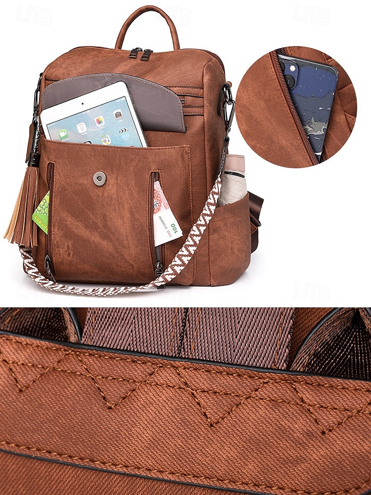 Sac à dos convertible en similicuir pour femme – Sac à bandoulière vintage multi-poches avec pompon pour les déplacements quotidiens, les voyages et le travail de 2025 ? $34.99 –P8