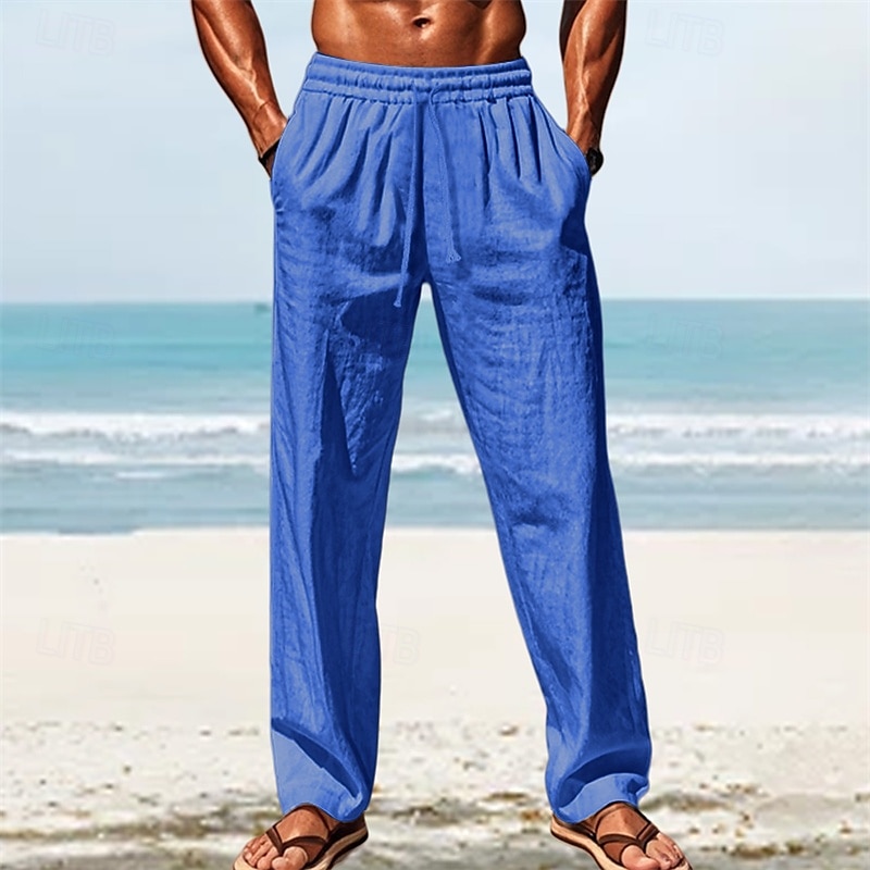 Men's Linen Pants Trousers Summer Pants Beach Pants Pocket Elastic Waist Drawstring Plain Comfort Breathable Vacation Daily Holiday Hawaiian Boho White Dark Red 2025 - $18.99 –P17