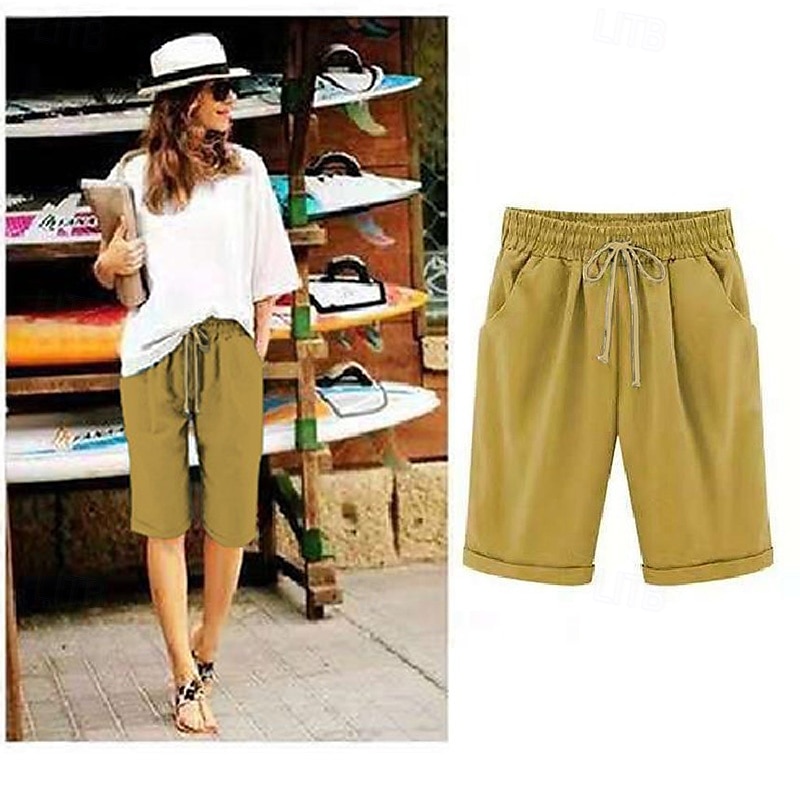 loungeshorts för kvinnor i ren färg elastisk midja med dragsko enkel avslappnad komfort hem daglig semester ventilerande ficka fempunktsbyxor 2025 - $17.99 –P2