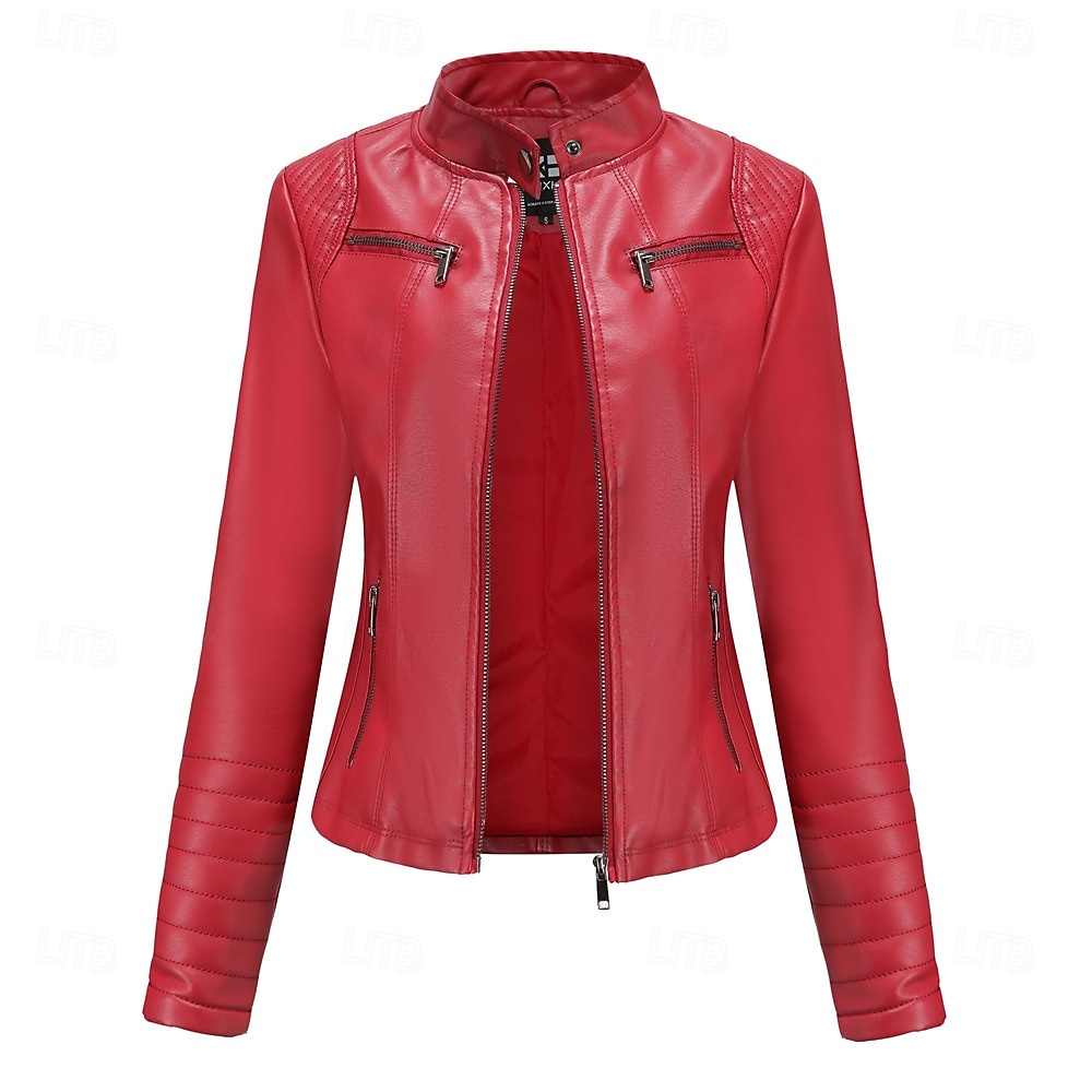 Dames Jas van imitatieleer Comfortabel Zak Volledige ritssluiting Modieus Street Style Effen Buiten Casual / Dagelijks Normaal Opstaand Normale pasvorm Lange mouw bovenkleding Zwart Rood Kameel Lente 2025 - $41.99 –P15