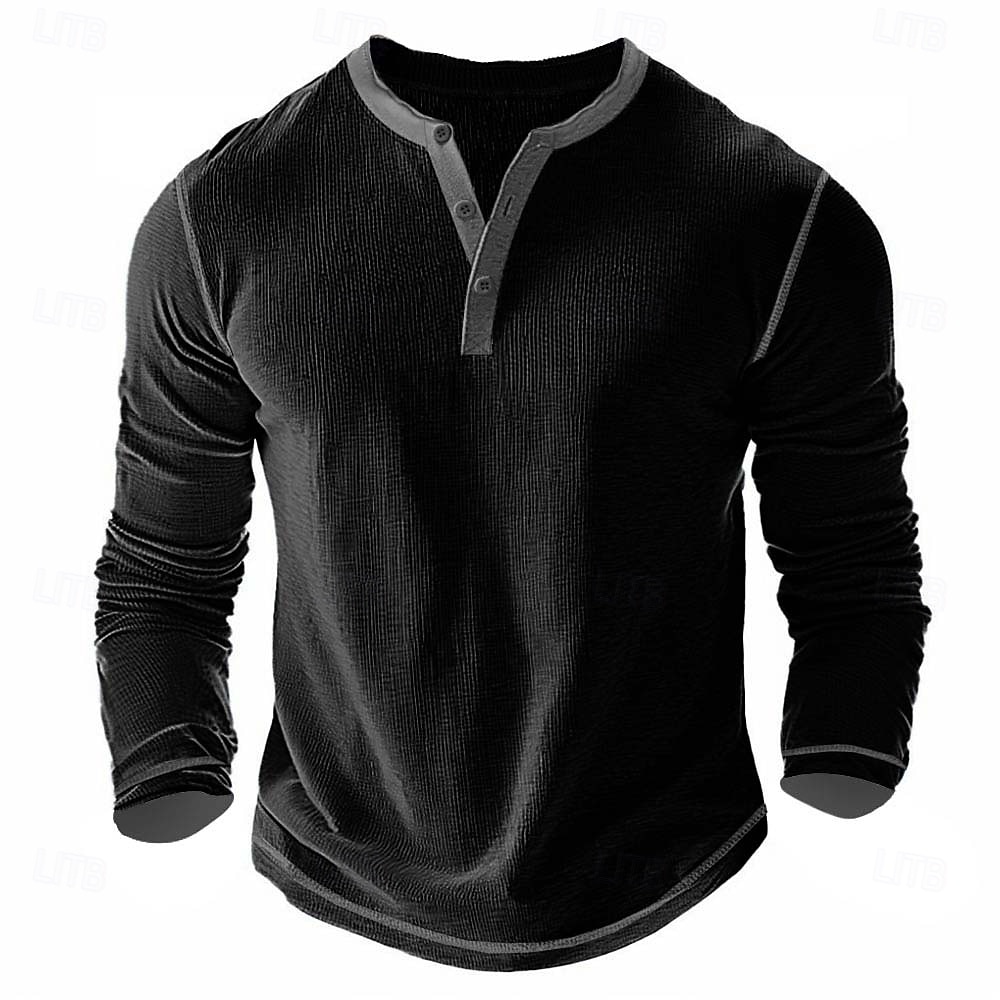 Men's T Shirt Henley Shirt Waffle Knit Tee Tee Top Long Sleeve Shirt Long Sleeve Color Block Solid Fashion Designer Basic Patchwork Henley Vacation Street Casual Spring & Fall Dark Gray Black White 2025 - $20.99 –P12