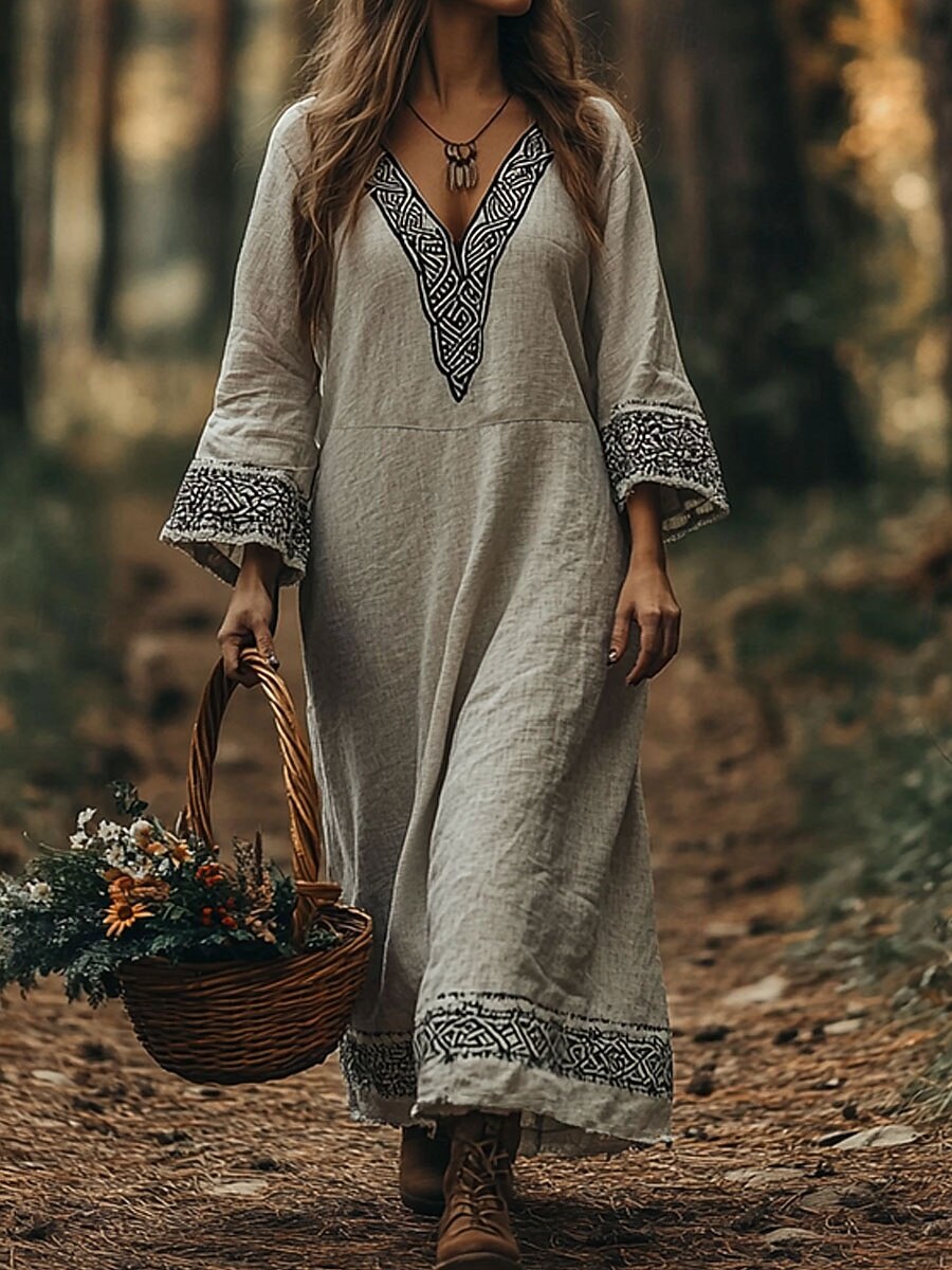Damen Maxikleid A Linie Kleid Urlaub Lässig Boho Strand Normale Passform Grafik Geometrisch Langarm V Ausschnitt Rosa Blau Purpur Grün Sommer Frühling Herbst 2025 - $35.99 –P1