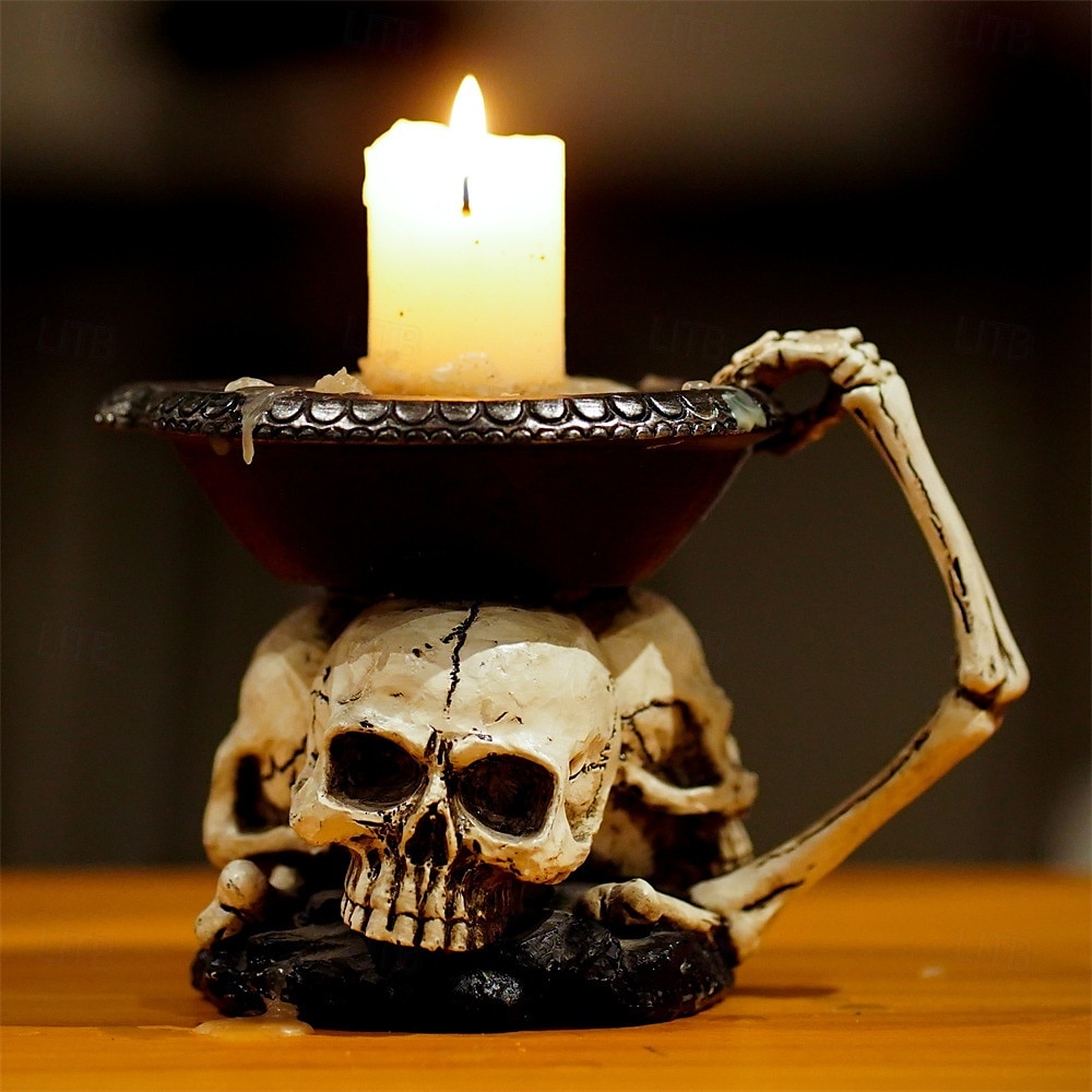 Halloween Skull Ornament Three Skeleton Head Candle Holder with Tray Desktop Entryway Decoration Halloween Themed Prop Gothic Style Storage Display Accent Piece 2025 - $24.99 –P3