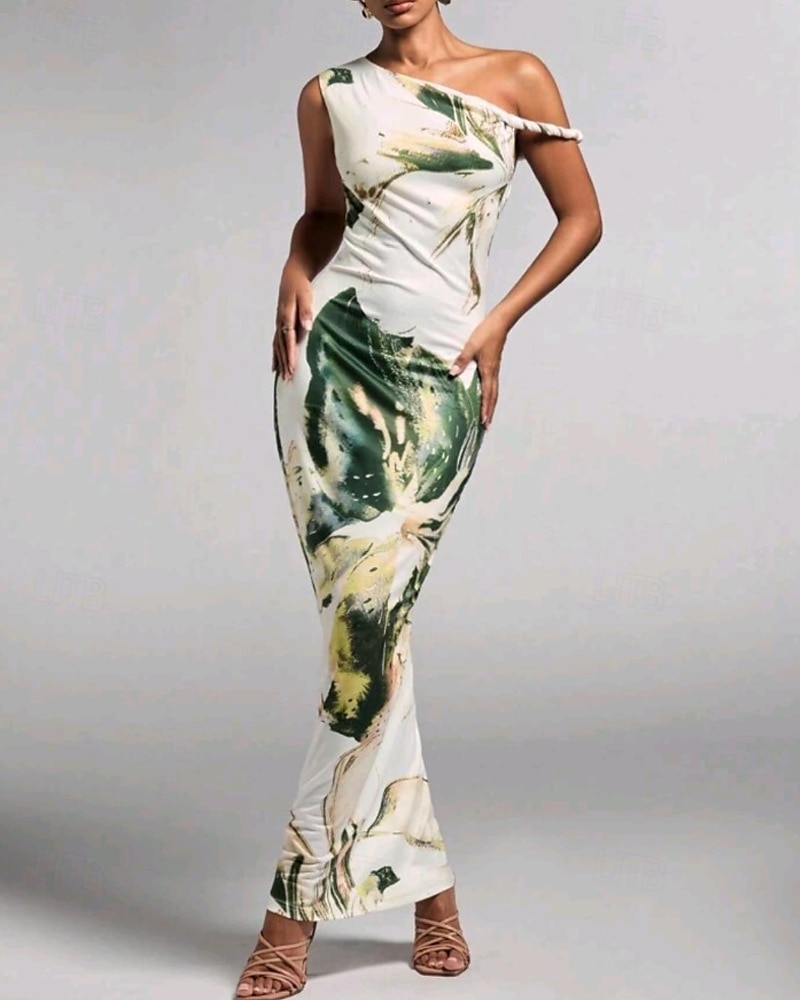 Femmes Robe Longue Maxi Robe Robe Imprimée Mode Extérieur Sortir Week-end Coupe régulière Fleur Sans manches Une Épaule Violet Vert Été de 2025 ? $22.99 –P15