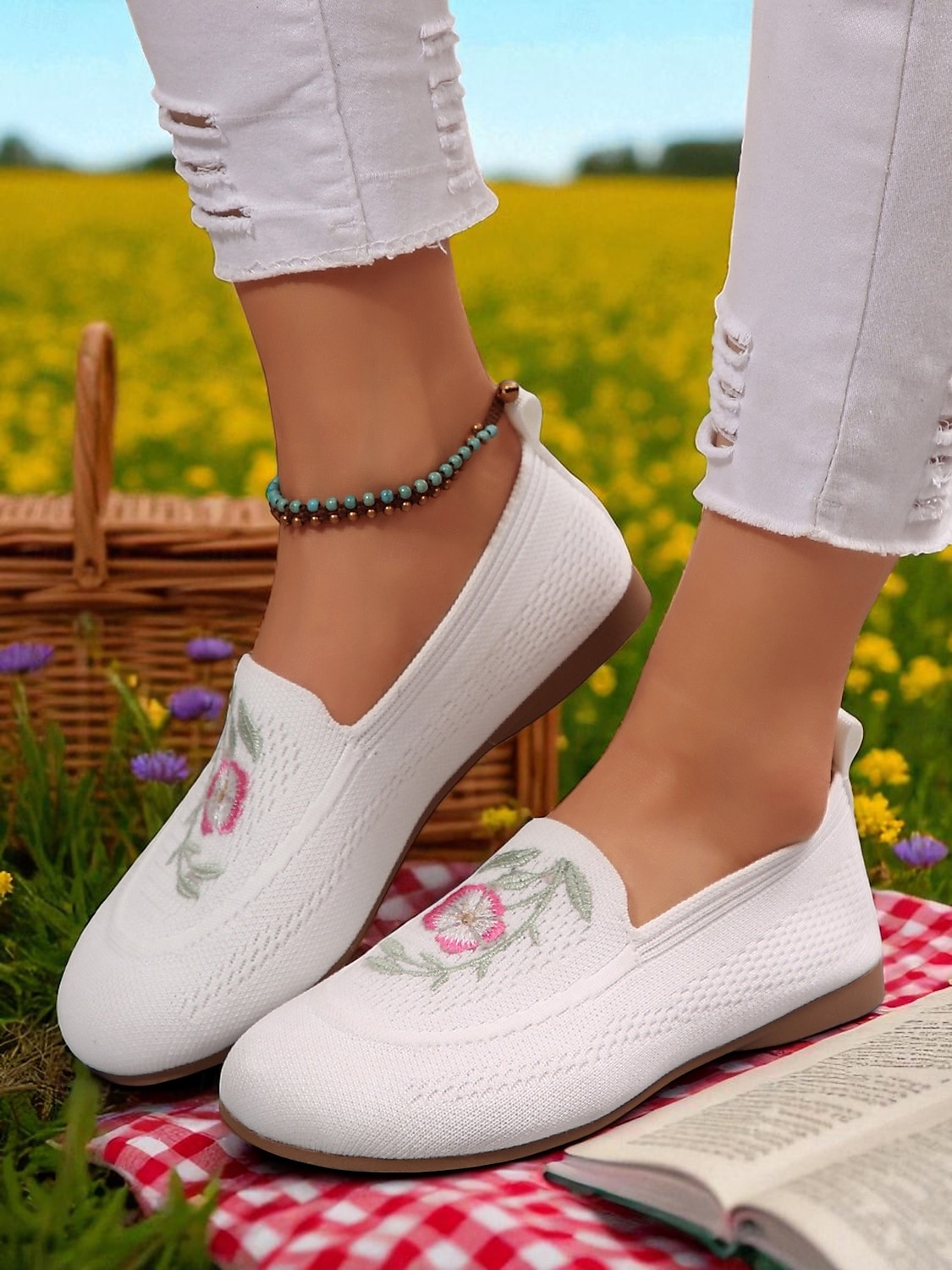 Barfußschuhe für Damen mit breiter Zehenpartie – Flyknit-Ballerinas mit Blumenstickerei für Picknicks, Gartenspaziergänge und Sommerausflüge 2025 - $19.99 –P4