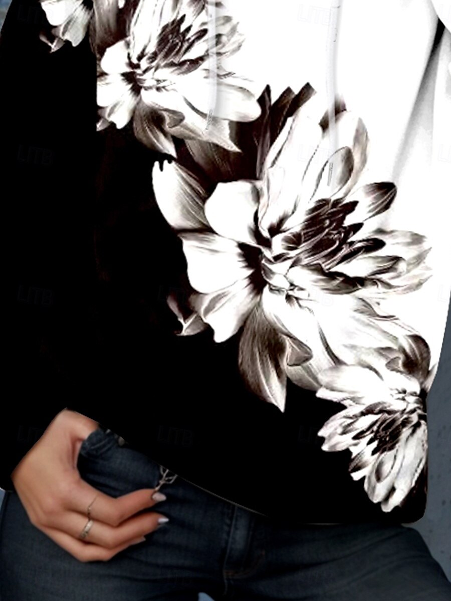 Dame Pullover hettegenser-genser Blomstret Grafisk Fargeblokk Elegant Varm Aktiv Langermet Med hette Vanlige topper Gate Hverdag Avslappet Snorer Trykt mønster Svart Vår Høst Vinter 2025 - $24.99 –P3