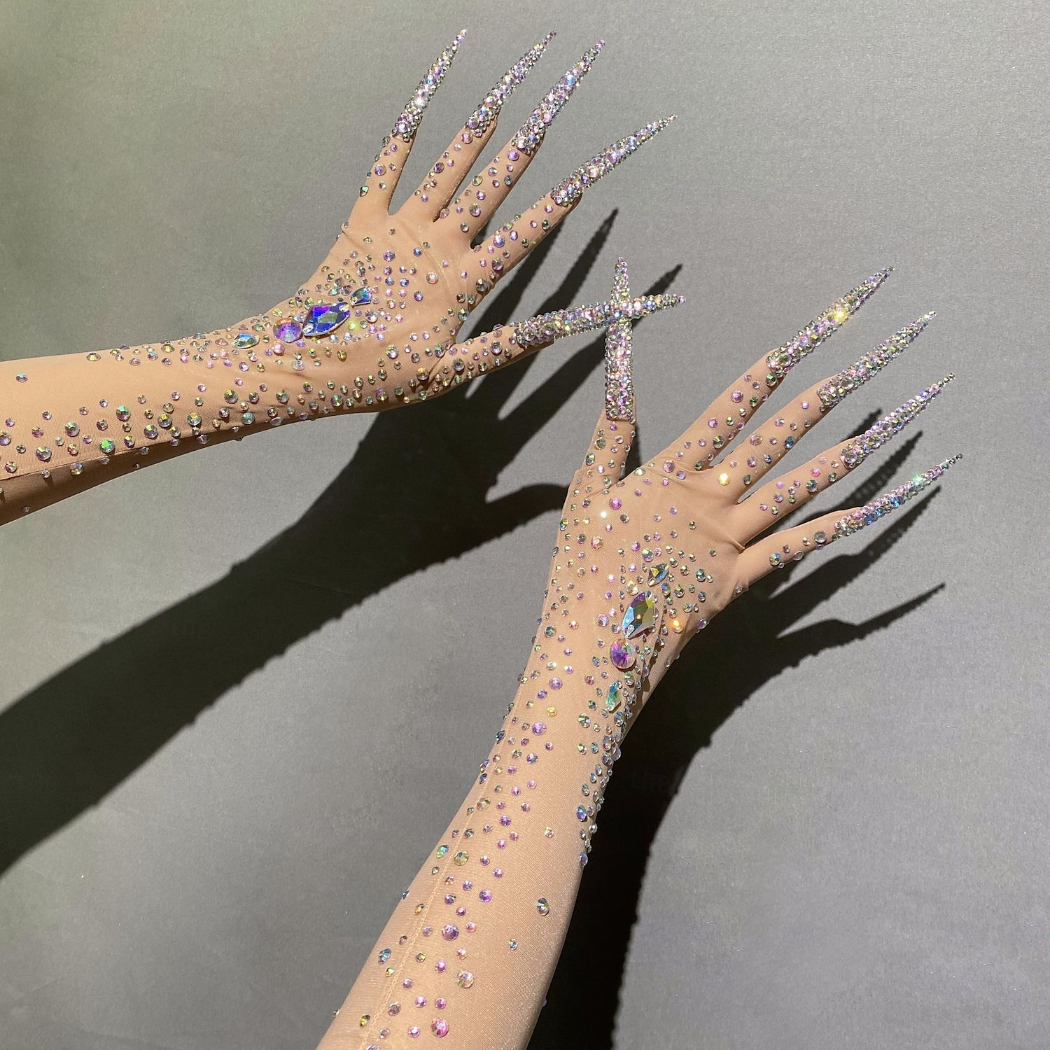 Glitzernde Handschuhe mit Strasssteinen für Damen, lang, glitzernd, Netzstoff, durchsichtig, Ellenbogenlänge, Opernhandschuhe mit Nägeln, hautfarben, Einheitsgröße 2025 - $85.99 –P1