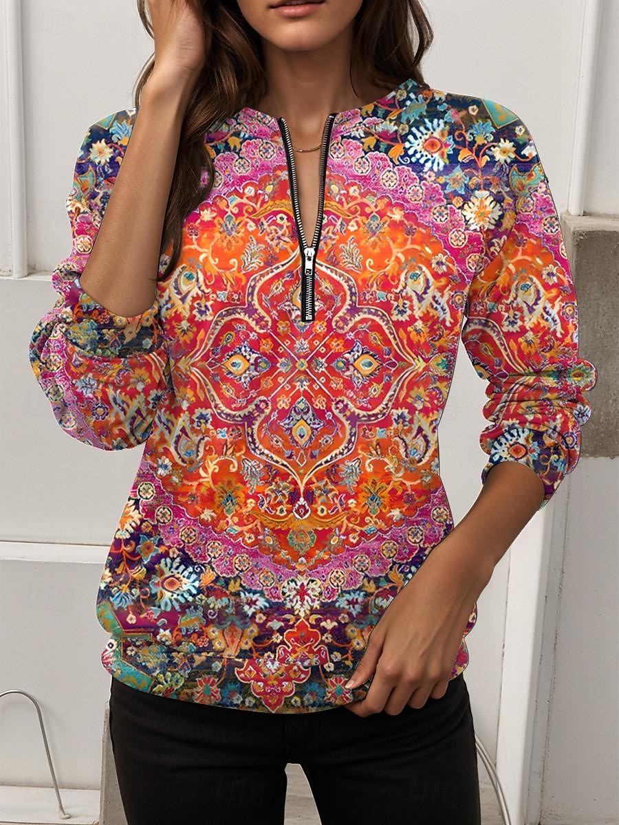 Women's Pullover Sweatshirt Zip Up Sweatshirts Graphic Geometric Casual Long Sleeve Crew Neck Regular Tops Street Dailywear Zipper Print Yellow Red Blue Orange Fall Winter 2025 - $27.99 –P1