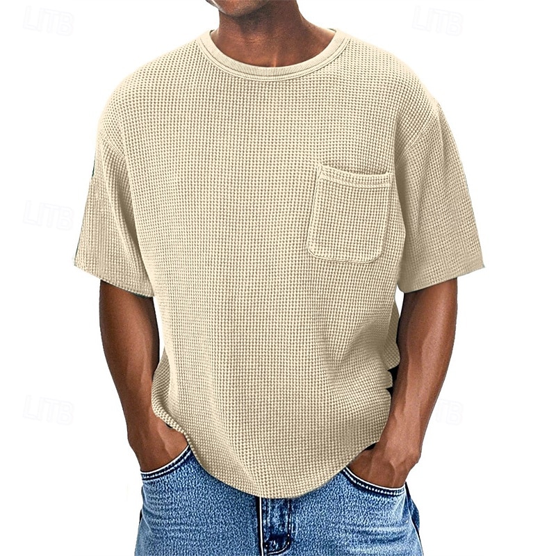 2025年 男性用 ワッフルTシャツ Tシャツ 半袖シャツ ティートップ 半袖 クルーネック 夏 平織り ファッション デザイナー ベーシック ポケット バケーション ストリート お出かけ ブルー ネイビーブルー パープル メンズトップTシャツ  コレクション – $18.49 –P7