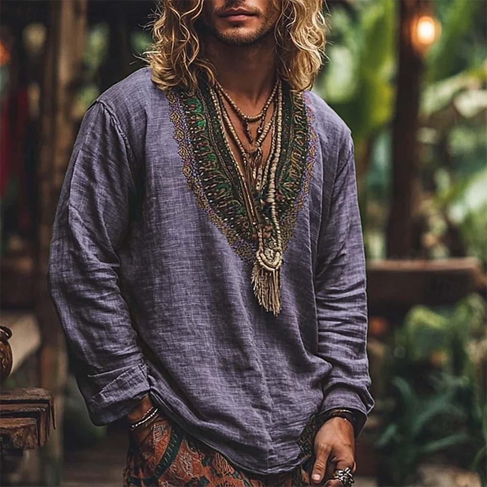 Ανδρικά Πουκάμισο Πουκάμισο λινό Στυλ Βίκινγκ Πουκάμισο Popover Καλοκαιρινό πουκάμισο Ρούχα παραλίας Γεωμετρικό Διακοπές Δρόμος Κίτρινο Βυσσινί Πράσινο του τριφυλλιού Μακρυμάνικο Λαιμόκοψη V 2026 - $25.99 –P9