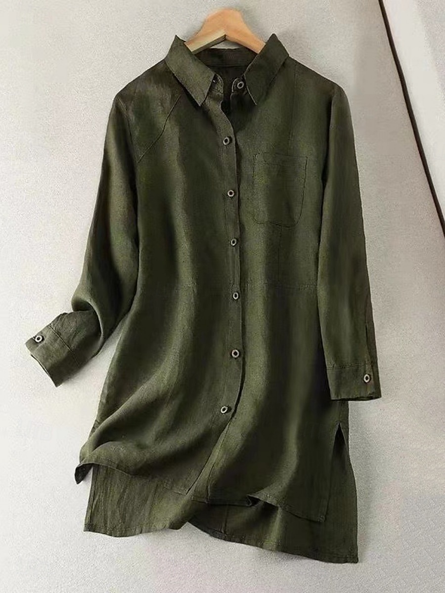 Femmes Chemises en coton et lin Couleur Unie Élégant Basique Occasionnel manche longue Col de chemise Hauts Longs Quotidien Boutons Blanche Vert Véronèse Kaki Été Automne de 2025 ? $23.99 –P2