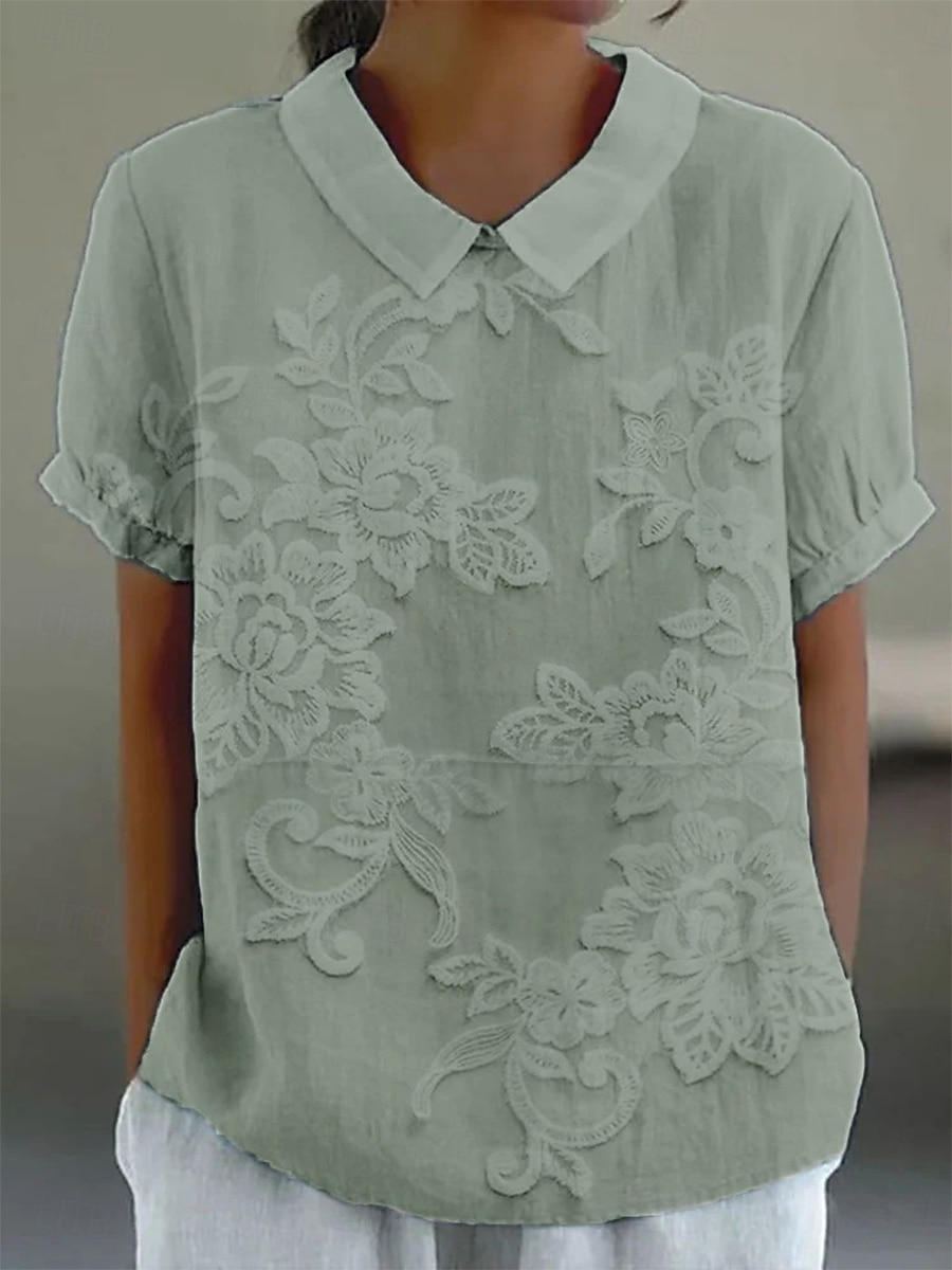 Dames Overhemd Imitatie katoenlinnen Knop Afdrukken Bloemig Dagelijks Casual Korte mouw Overhemdkraag Normale tops Dagelijks Feestdagen blauw Wit Blozend Roze Groen Khaki Zomer Lente 2026 - $28.99 –P5