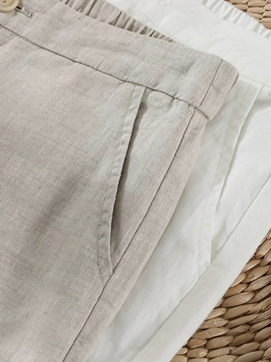 Dámské chino kalhoty s širokými nohavicemi z bavlny a lnu, etnický styl, základní, ležérní, plná délka, střední pas, bez kapes, pohodlné, outdoor, neelastické, ležérní, denní, černá, bílá, zelená, khaki, léto, jaro, regular fit 2025 - $29.99 –P2