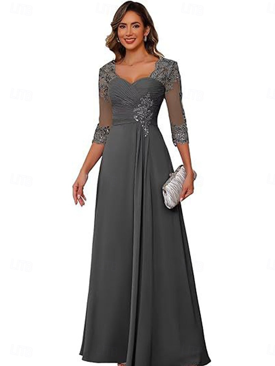 A-linje Kjole til brudens mor Elegant Enkel V-hals Gulvlengde Chiffon 3/4 ermer med Ensfarget 2025 2025 - $119.99 –P14