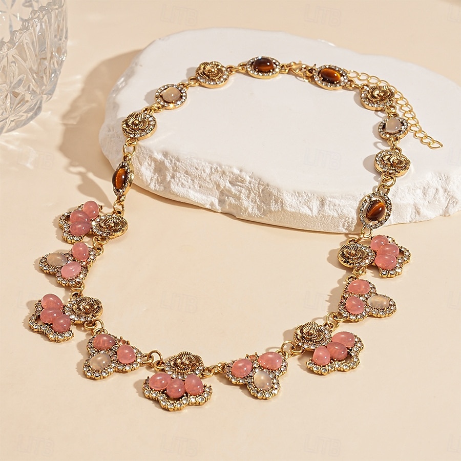 Set di gioielli vintage da donna con cristalli floreali: elegante collana in oro e orecchini pendenti con pietre preziose rosa e verdi, accessori romantici per balli serali e cocktail party del 2025 a $24.99 –P6