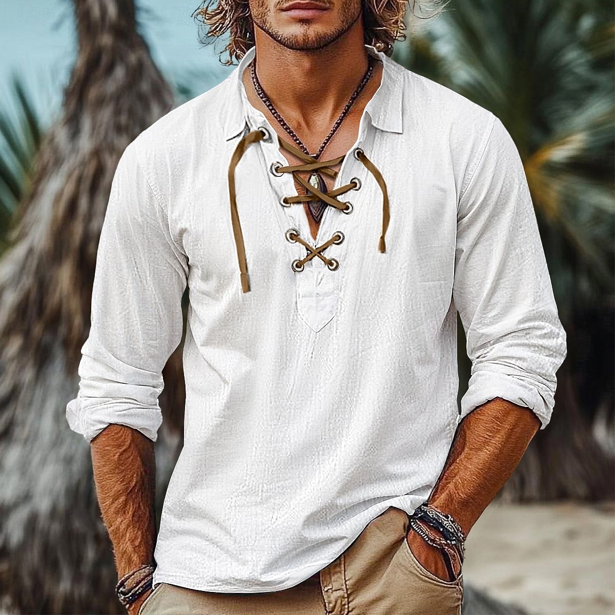 Herren Hemd Leinenhemd Wikinger-Stil Popover-Hemd Sommerhemd Strandbekleidung Einfarbig Urlaub Straße Weiß Blau Orange Grün Langarm Kragenlos Bekleidung Kordelzug 2025 - $25.99 –P1
