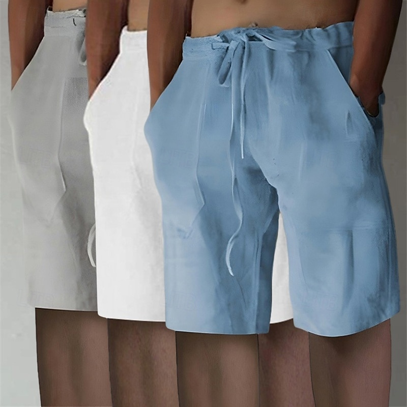 Men's Shorts Linen Shorts Summer Shorts Beach Shorts Elastic Waist Drawstring Front Pocket Plain Comfort Soft Knee Length Casual Daily Vacation Fashion White+Black+Gray black+khaki+blue Inelastic 2025 - $25.99 –P4