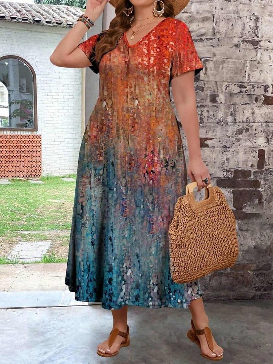 Damen Übergröße Freizeitkleid Ombre V Ausschnitt Kurzarm Sommer Frühling Mode Modern Lässig Maxikleid Ferien Wochenende Kleid 2025 - $28.99 –P2