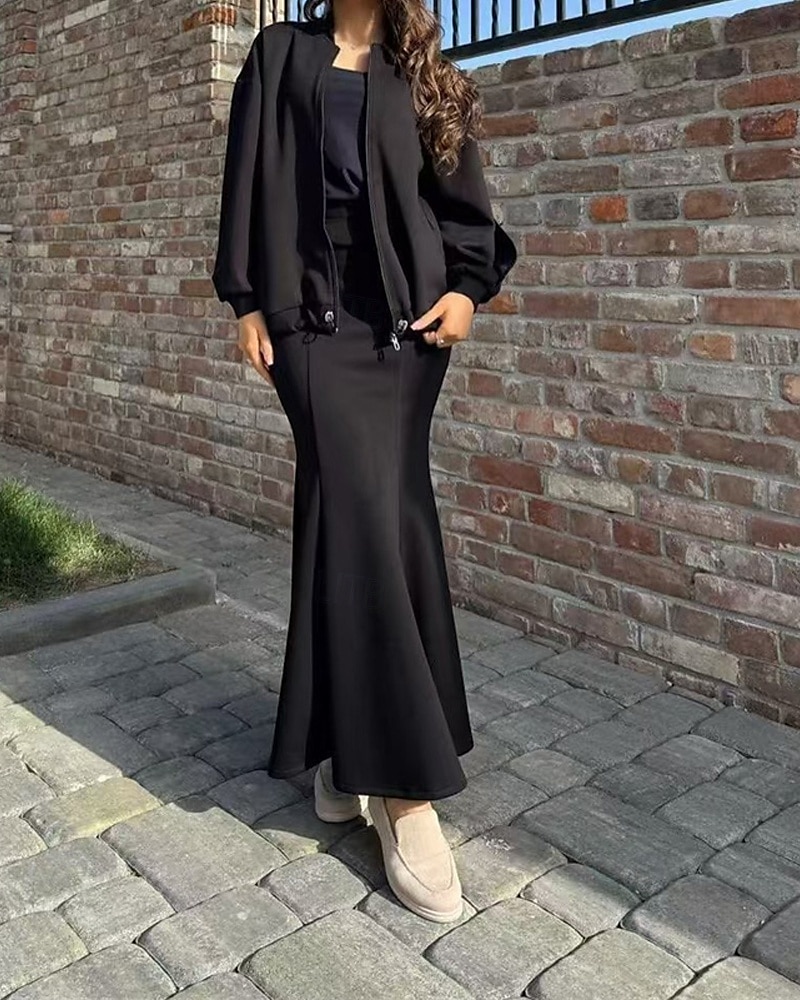 Femmes Robe Ensemble Robe d'été Robe Midi Occasionnel Uni Fermeture éclair Robe maxi manche longue Col en V Extérieur Date Noir Vin Café Été Coupe Ample de 2025 ? $34.99 –P3