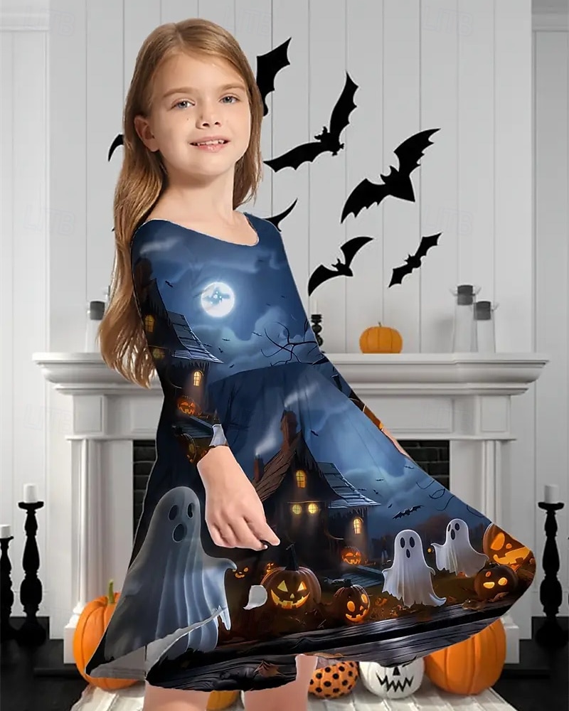 Halloween Dziewczyny ' 3D Graficzny Dynia Duch Sukienka Długi rękaw Lato Wiosna Urlop Codzienny Święto Księżniczka Piękny Słodkie Dzieci 4-12 lat Codzienne sukienki Sukienka A line Do kolan Regularny 2025 - $16.99 –P2