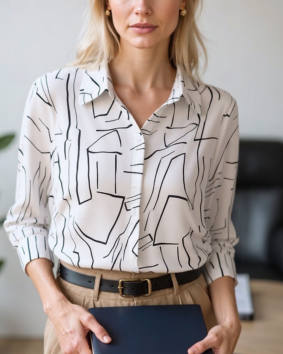 Women's Blouse Dressy Tops Chiffon Tops Color Block Abstract Elegant Daily Stylish Long Sleeve Shirt Collar Regular Tops Work Daily Buttons Print Black And White Black White Beige Spring, Fall 2025 - $26.99 –P1