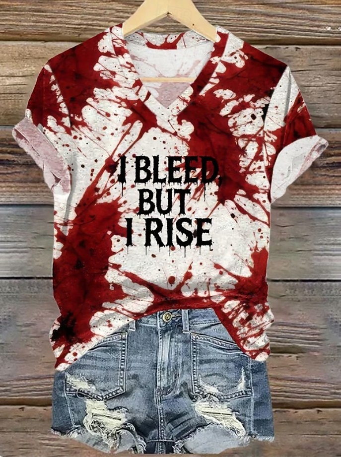 Krwawy Problem Rozwiązany Kobiecy T-shirt Plama Krwi Graficzny Litera Vintage Stylowy Klasyczny Krótki Rękaw V Dekolt Regularne Topu Codzienny Print Szary/Czerwony Biały Bordeaux Czerwony Biały Wiosna 2025 - $21.99 –P3