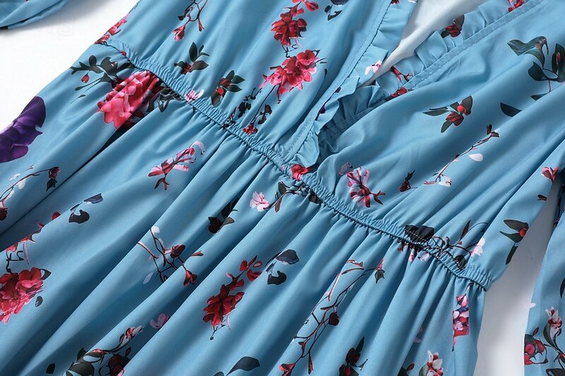 Dam Långklänning Maxiklänning Blommig klänning Boho-klänning Västerländsk klänning Elegant Mode Modern Utomhus Semester Dagligen Normal Blomma Långärmad V-hals Blå Sommar 2025 - $36.99 –P7