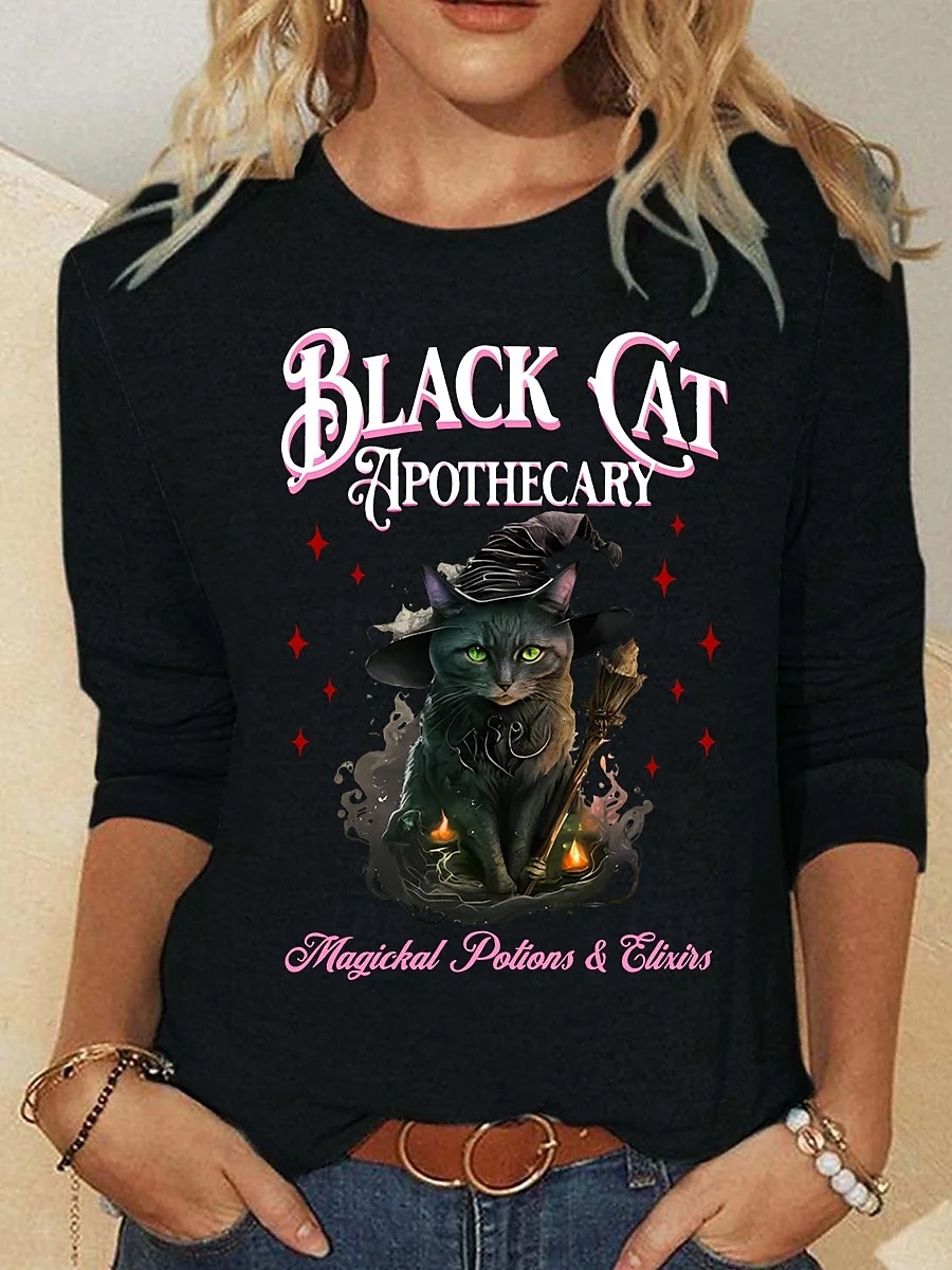 Halloween Femmes T-shirt Graphique Animal Chat ancien Mode Élégant manche longue Col ras du cou Col rond Hauts Réguliers Quotidien Week-end Imprimé Noir Rose Claire Bleu Été Printemps Automne de 2025 ? $22.99 –P3