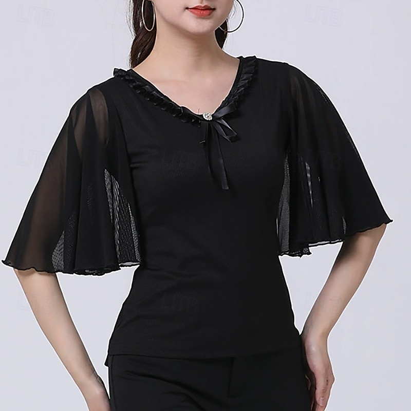 Danse Latine Haut Nœud Couleur unie Épissage Femmes Performance Entraînement Demi Manches Haut Polyester de 2025 ? $37.99 –P4
