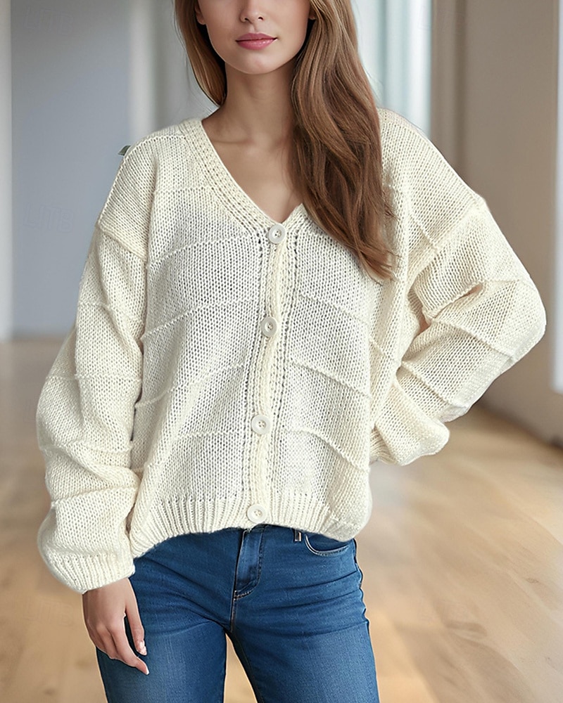 Pentru femei Pulover Bluza Modă Șic Stradă Zilnic Culoare solidă Striat În V Tricotat Manșon Lung Topuri obișnuite Tricotat Concediu Ieșire Sfârșit de săptămână Negru Alb Primăvară Toamnă 2025 - $22.99 –P10