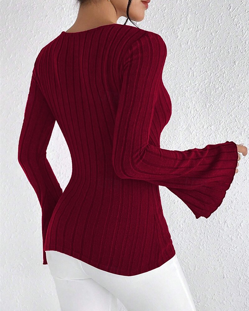Per donna Maglietta Semplice Moda Moderno Manica Lunga Scollo a V Top Regolari Quotidiano Tunica Nero Vino Estate del 2025 a $18.99 –P4