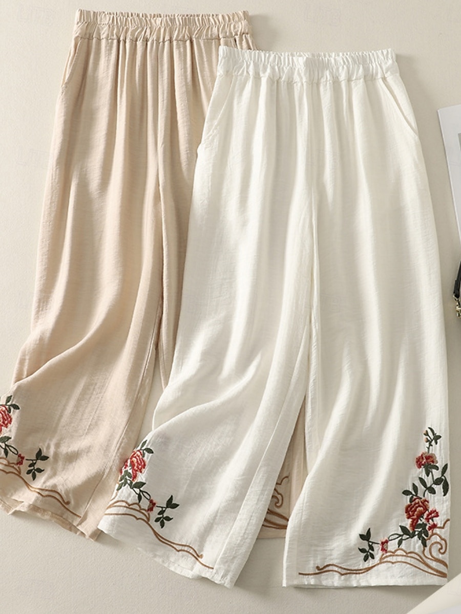 Damen Hose aus Baumwollleinen Chinos Ethno-Stil Basic Lässig Volle Länge Hohe Taille Blumen Bestickt Tasche Elastischer Bund Komfort Außenbereich Mikroelastisch Urlaub Straße Täglich Khaki Beige 2025 - $30.99 –P1