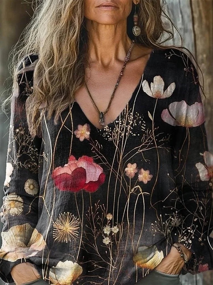 Per donna Blusa Stampato Floreale Quotidiano Elegante Manica Lunga Scollo a V Top Regolari Quotidiano Ferie Blu Nero Bianco Blu marino Blu Reale Estate Primavera Autunno del 2026 a $23.99 –P1
