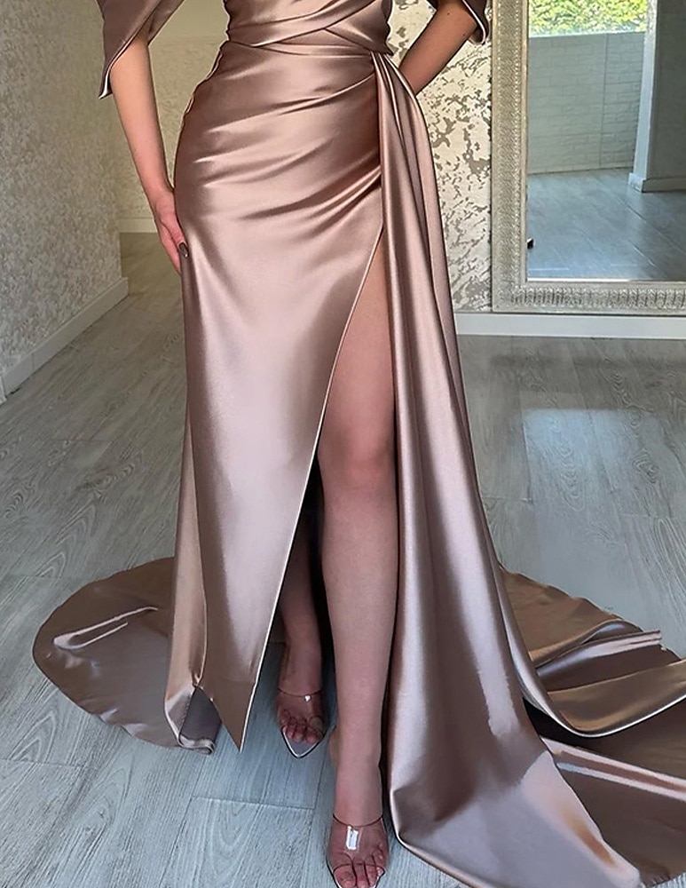 Mermaid / Trumpet Evening Gown Elegant Dress Formal Wedding Court Train Flowy Dress Sleeveless Sweetheart Satin with Pleats Ruched Slit 2025 2025 - $135.99 –P3