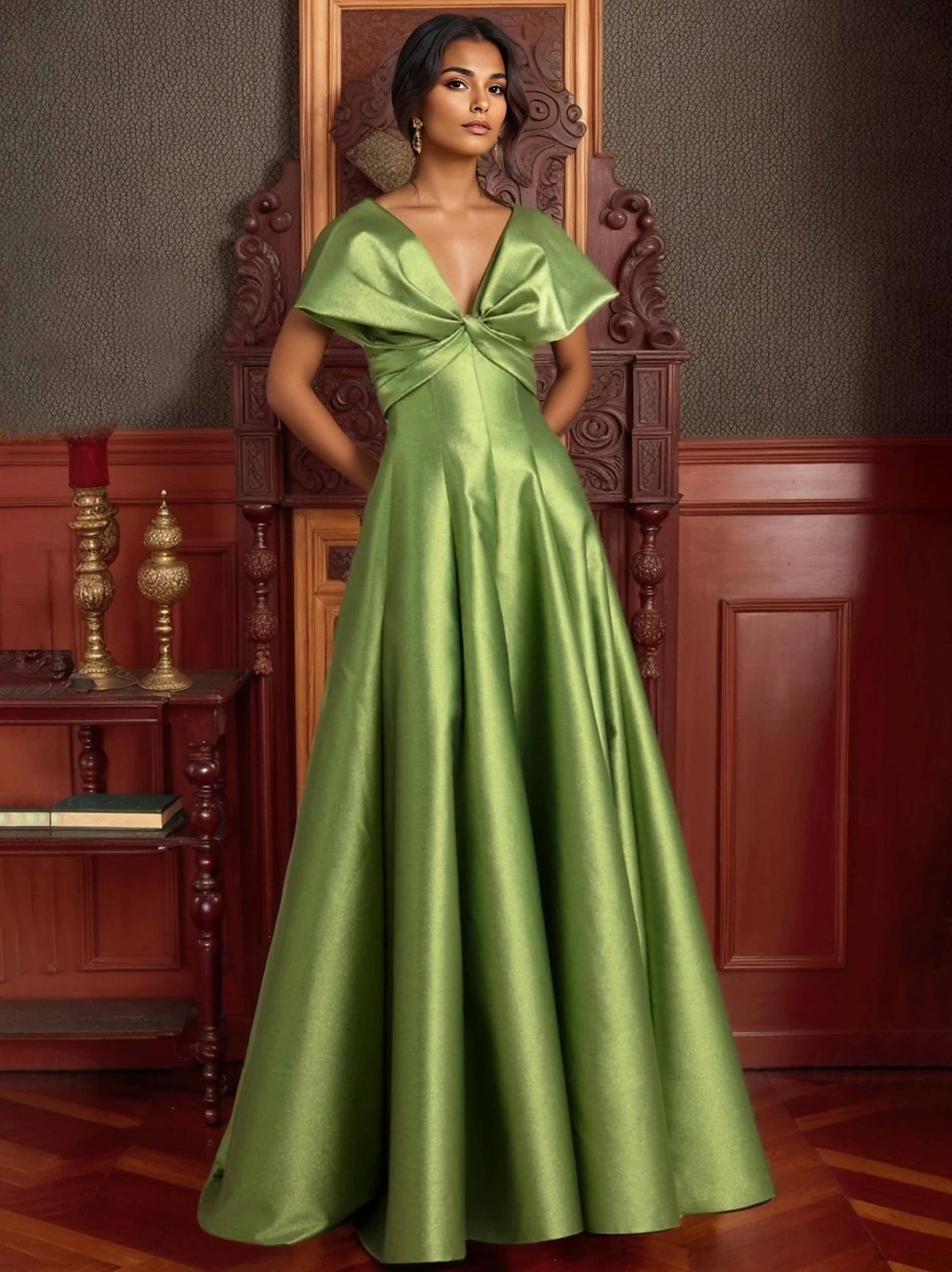 Rochie de seară elegantă, linie A, rochie formală de mireasă, lungime la podea, cu umerii goi, decolteu în V, satin elastic cu buzunar, 2025 2025 - $149.99 –P1