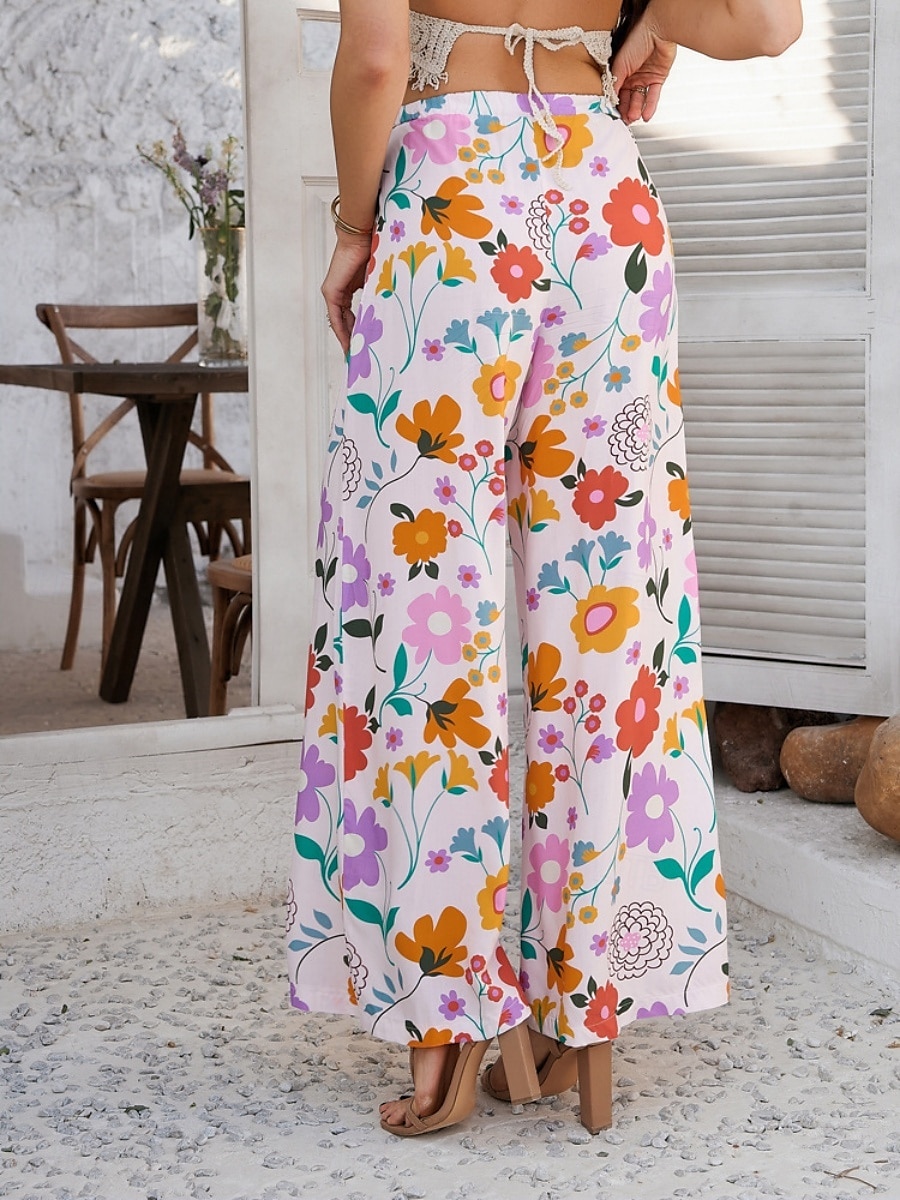 Femmes Jambe large Chinos Vacances ancien Mode Longueur complète Taille haute Fleuri Ceinture Élastique Impression Confortable Doux Micro-Élastique Extérieur Vacances Rue Blanche Jaune Rose Claire de 2025 ? $29.99 –P6