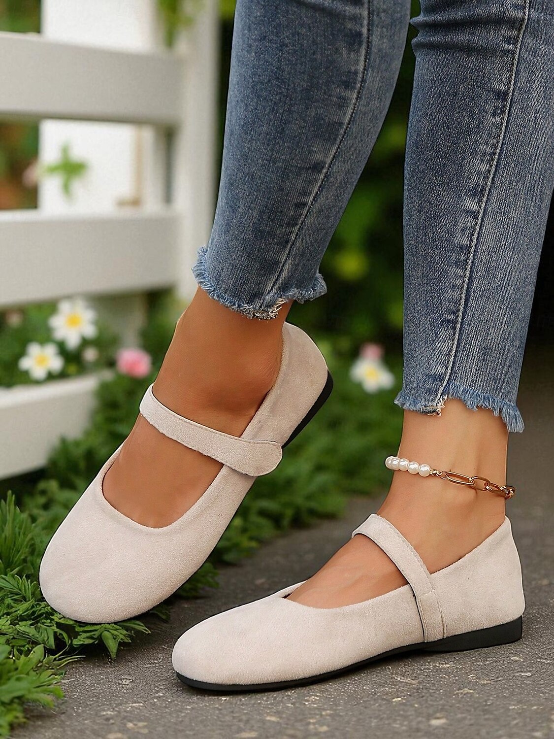 Beige Mary-Jane-Ballerinas mit weiter Spitze für Damen – bequeme Schuhe aus weichem Wildlederimitat für Freizeitausflüge, Spaziergänge im Garten und den Alltag 2025 - $19.99 –P6