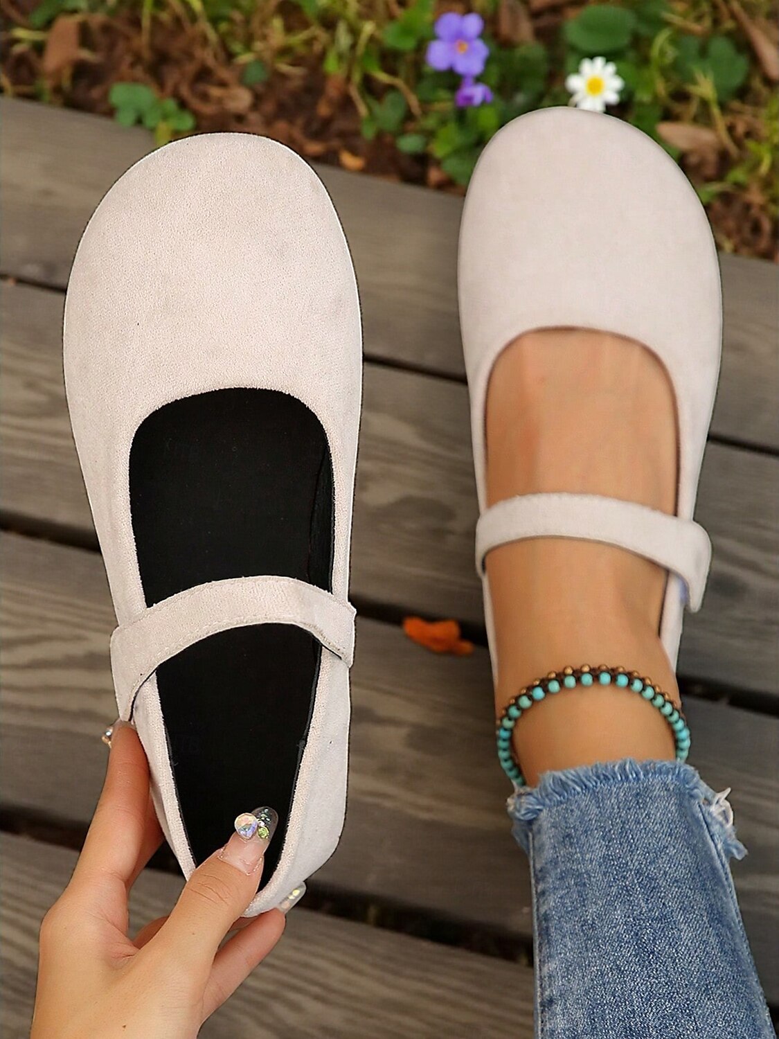 Beige Mary-Jane-Ballerinas mit weiter Spitze für Damen – bequeme Schuhe aus weichem Wildlederimitat für Freizeitausflüge, Spaziergänge im Garten und den Alltag 2025 - $19.99 –P3