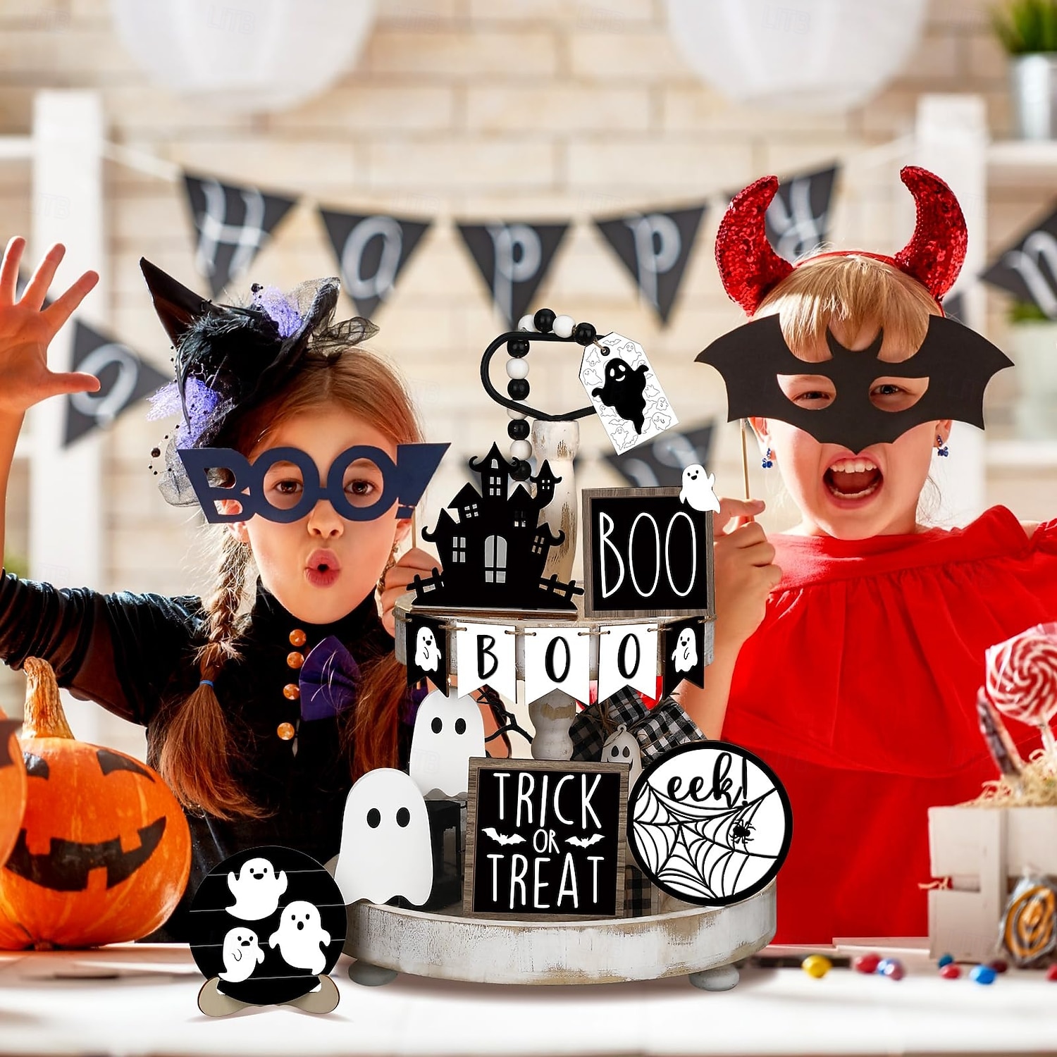 Набор из 15 розовых многоярусных подносов для декора на Хэллоуин, милые деревянные таблички с привидениями и украшения в фермерском стиле для дома, стола и вечеринок 2025 - $12.49 –P13