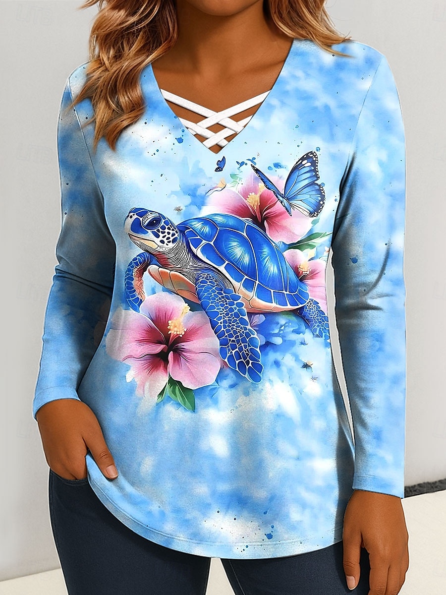 Per donna Maglietta Taglio Stampato Grafico Animale Tartaruga di mare Vintage Elegante Classico Manica Lunga Scollo a V Top Regolari Quotidiano Blu Rosso Fucsia Verde Primavera Autunno del 2026 a $24.99 –P1