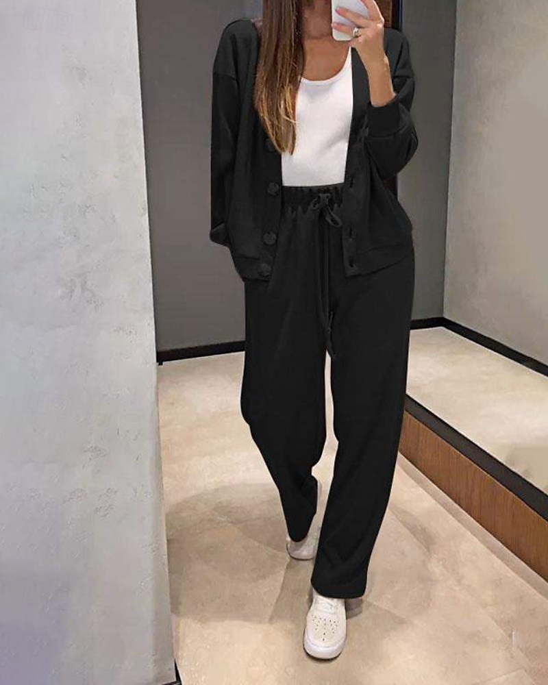 Dames Actief Streetwear Blouse Broeken Sets Lange mouw V-hals Effen Kleur Vakantie Alledaagse kleding Zwart Leger Groen Stoffig blauw Herfst Normale pasvorm 2025 - $24.99 –P8