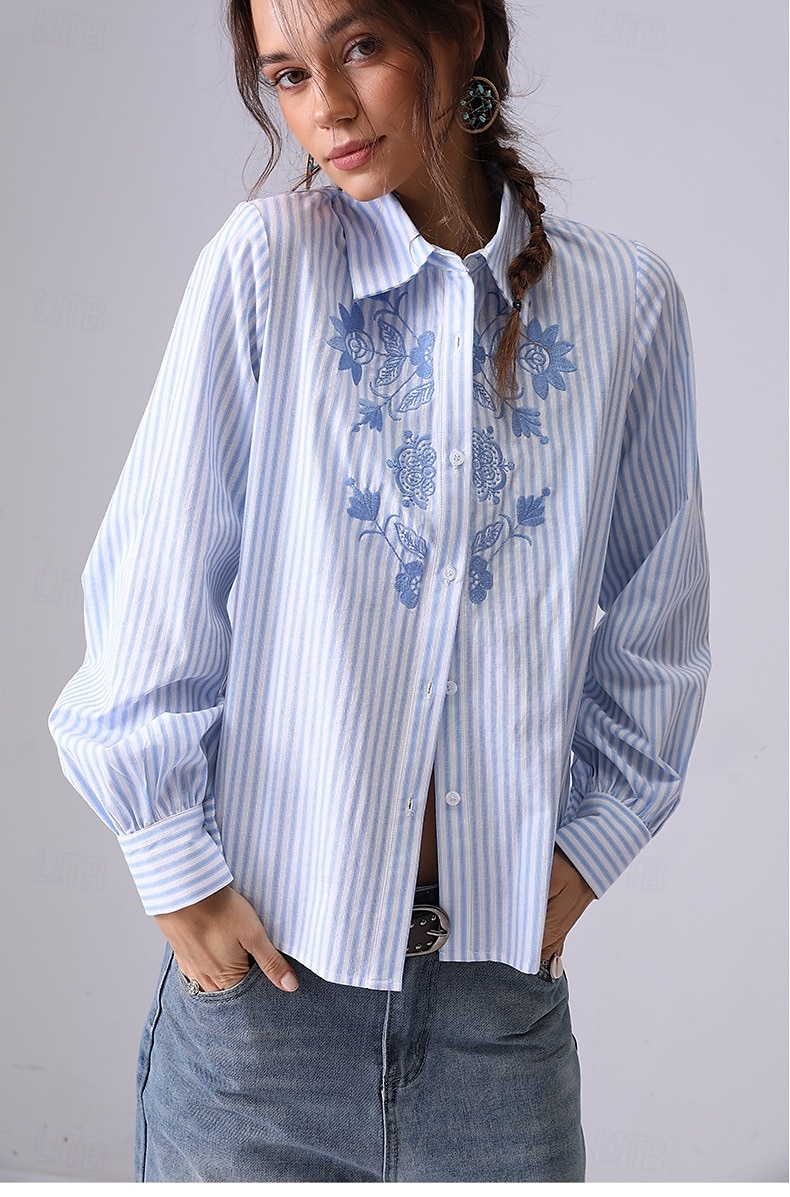 Femmes Chemise Fleuri Rayé Élégant Bohème ancien manche longue Col de chemise Hauts Réguliers Travail Quotidien Fête Broderie 1# Original bleu clair-BLEU Printemps, Automne, Hiver, Été de 2025 ? $41.99 –P4