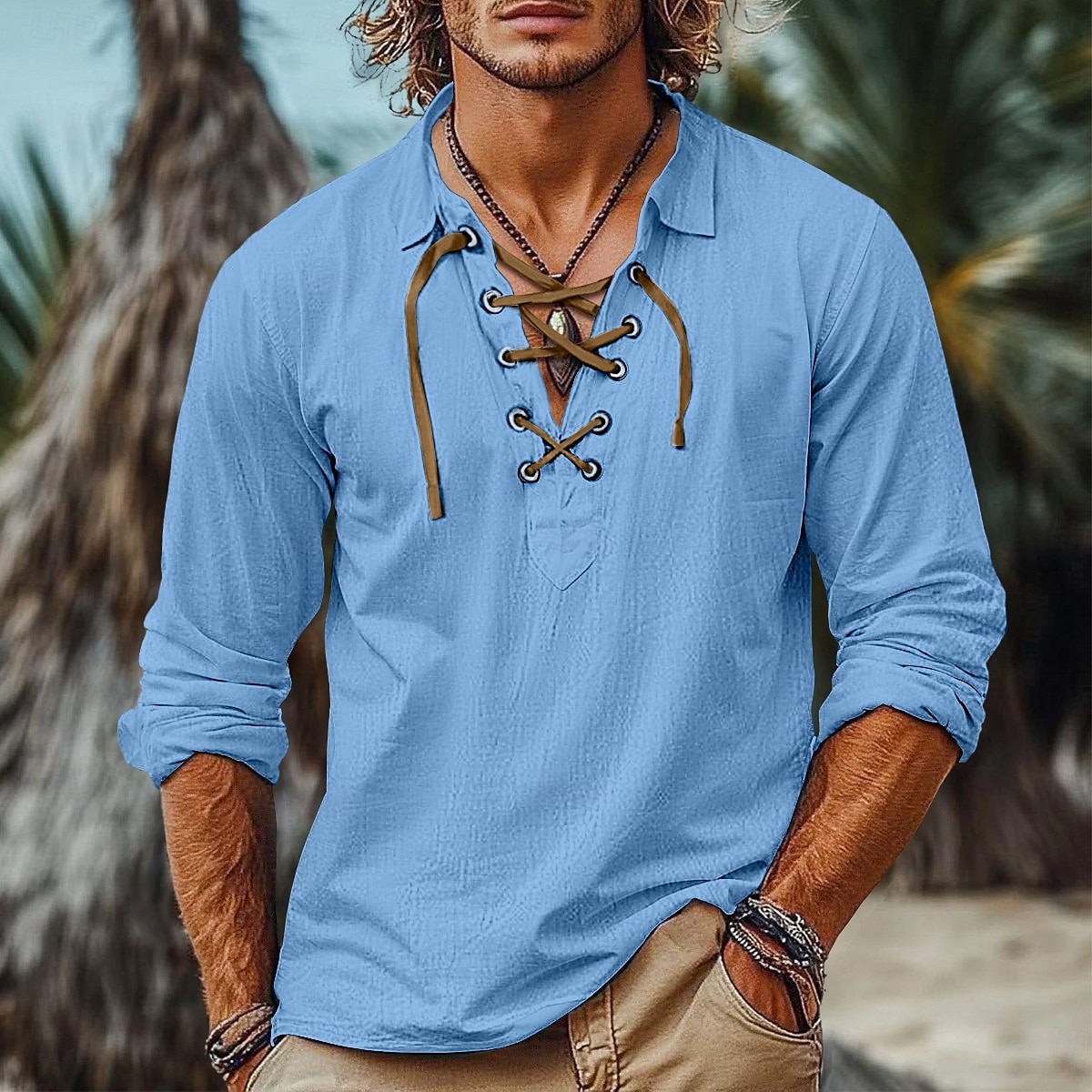 Herren Hemd Leinenhemd Wikinger-Stil Popover-Hemd Sommerhemd Strandbekleidung Einfarbig Urlaub Straße Weiß Blau Orange Grün Langarm Kragenlos Bekleidung Kordelzug 2025 - $25.99 –P7