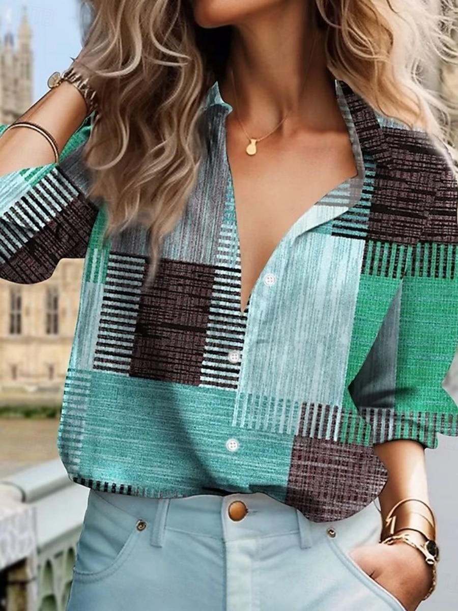 Dames Shirt Button Down Blouse Ruit Stijlvolle Casual Lange Mouwen Shirt Button Down Blouse Kraag Reguliere Tops Dagelijks Knopen Print Rood Blauw Groen Khaki Zomer Lente 2025 - $27.99 –P2