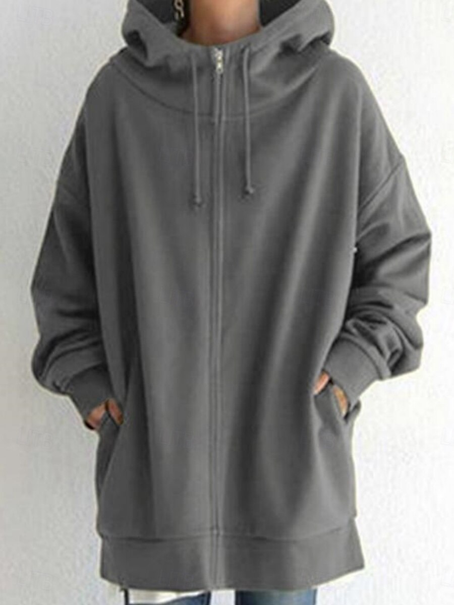 Women's Casual Jacket Hoodie Jacket Comfortable Breathable Zipper Pocket Casual Plain Street Casual Daily Wear Zipper Long Hooded Regular Fit Long Sleeve Outerwear Black Red Khaki Spring Fall 2025 - $22.99 –P2
