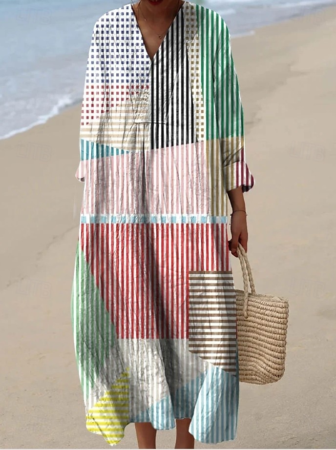 Damskie Sukienka maxi Sukienka letnia Sukienka A line Urlop Codzienny Boho Wyjściowe Plaża Graficzny Geometryczny Naszywka Długi rękaw W serek jesion Czarny Żółty Rumiany róż Lato Wiosna 2025 - $35.99 –P5